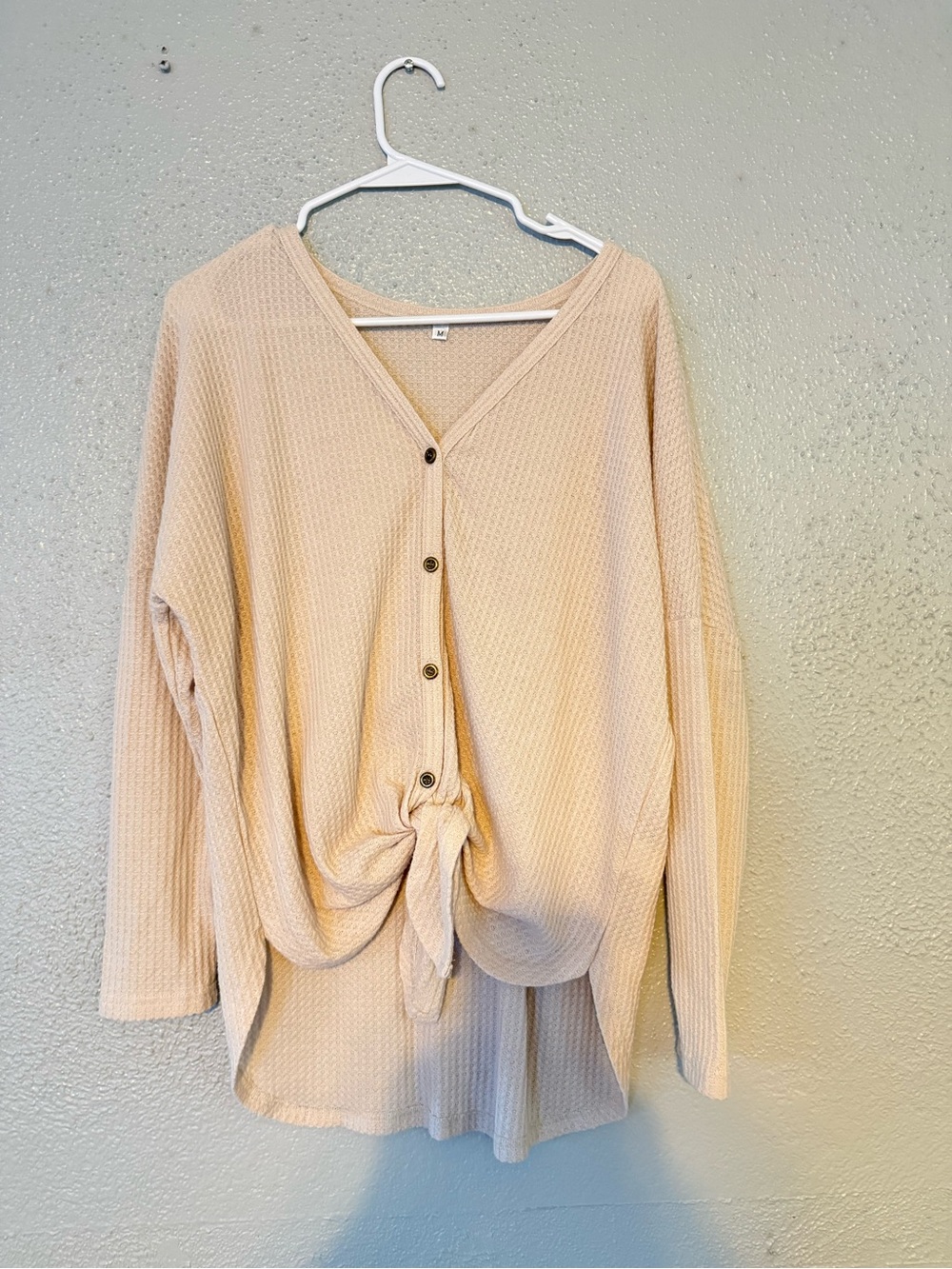 Light Beige Waffle Knit Button-Front Tie Top